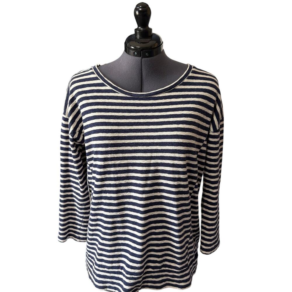 Madewell Striped Tee Blue & White 3/4 Sleeve Crewneck T shirt Size M 100% Cotton